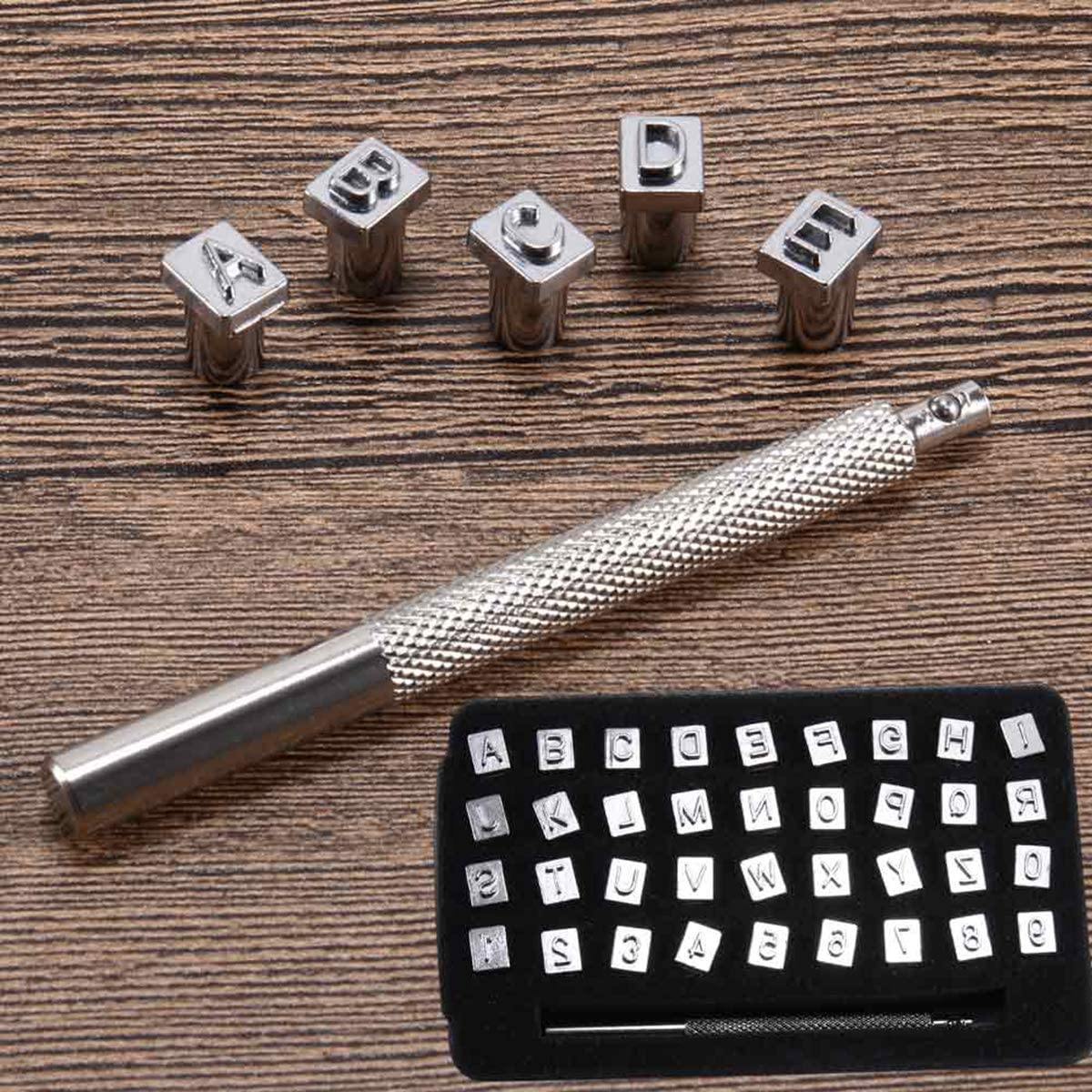50 Pieces Letters and Numbers Stamp Set 6mm Alphabet Leather Punch Metal Floral Pattern Stamp Tools with Handle, Silver